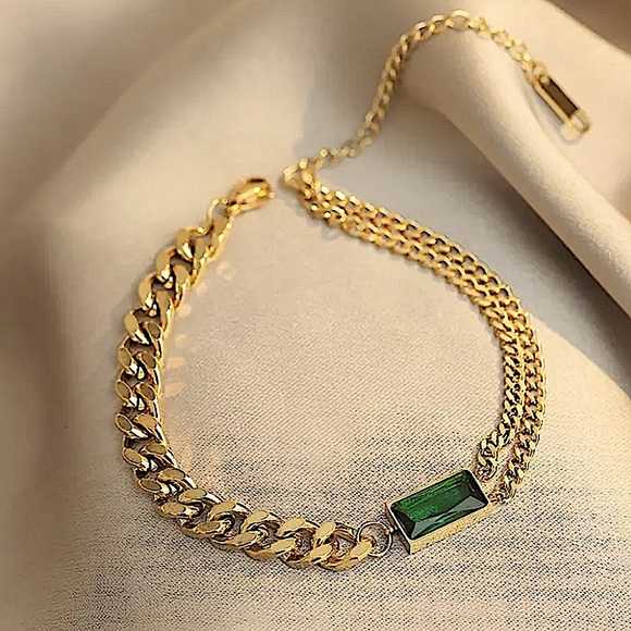 GOLD EMERALD GREEN CHAIN LINK BRACELET - Picture 7 of 14